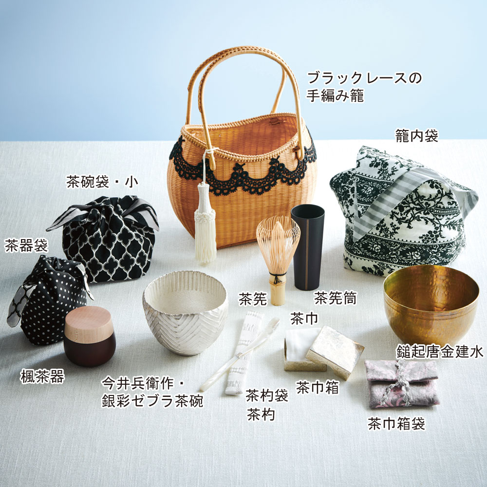 嘉門工藝 ブラックレースの旅待ち茶籠 14点セットイメージ